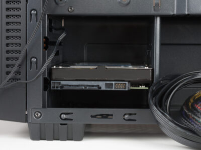 An internal hard drive inside a work computer case.